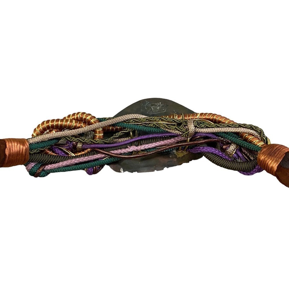 Vintage 80s Boutique Large Stone Rock Braided Rope Knotted Brass Gold Suede Belt - Picture 7 of 10